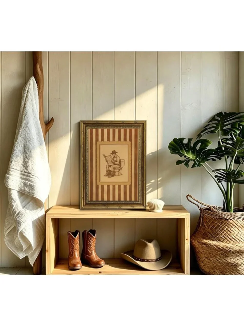 Funny Western Cowboy Bathroom Wall Art - Gold Framed Vintage Print Decor